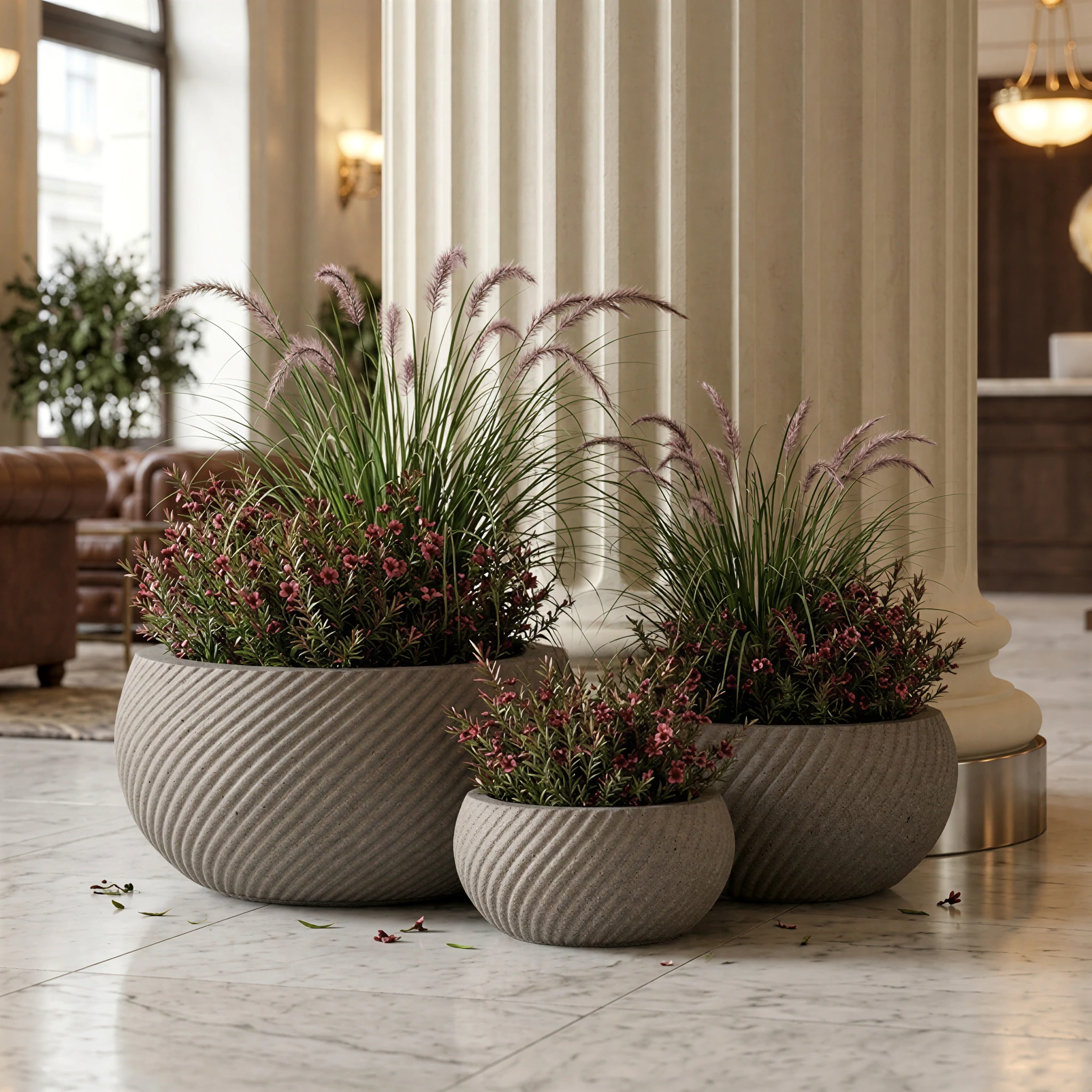 Leak-proof indoor commercial planter utilizing an engineered false bottom on a luxury marble floor